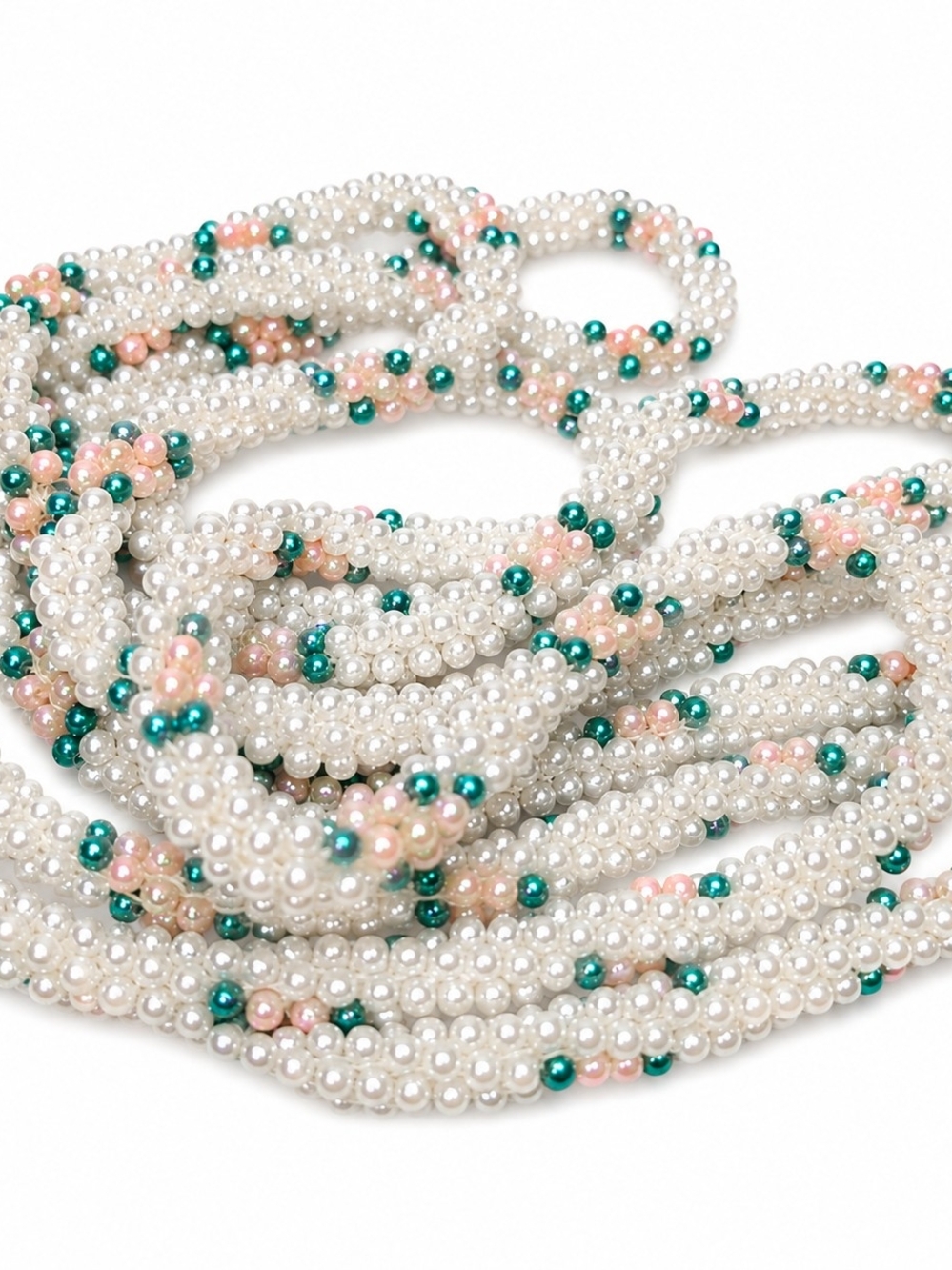Vintage Long Faux Pearl Seed Bead Necklace Pastel Pink Green 70" No Clasp